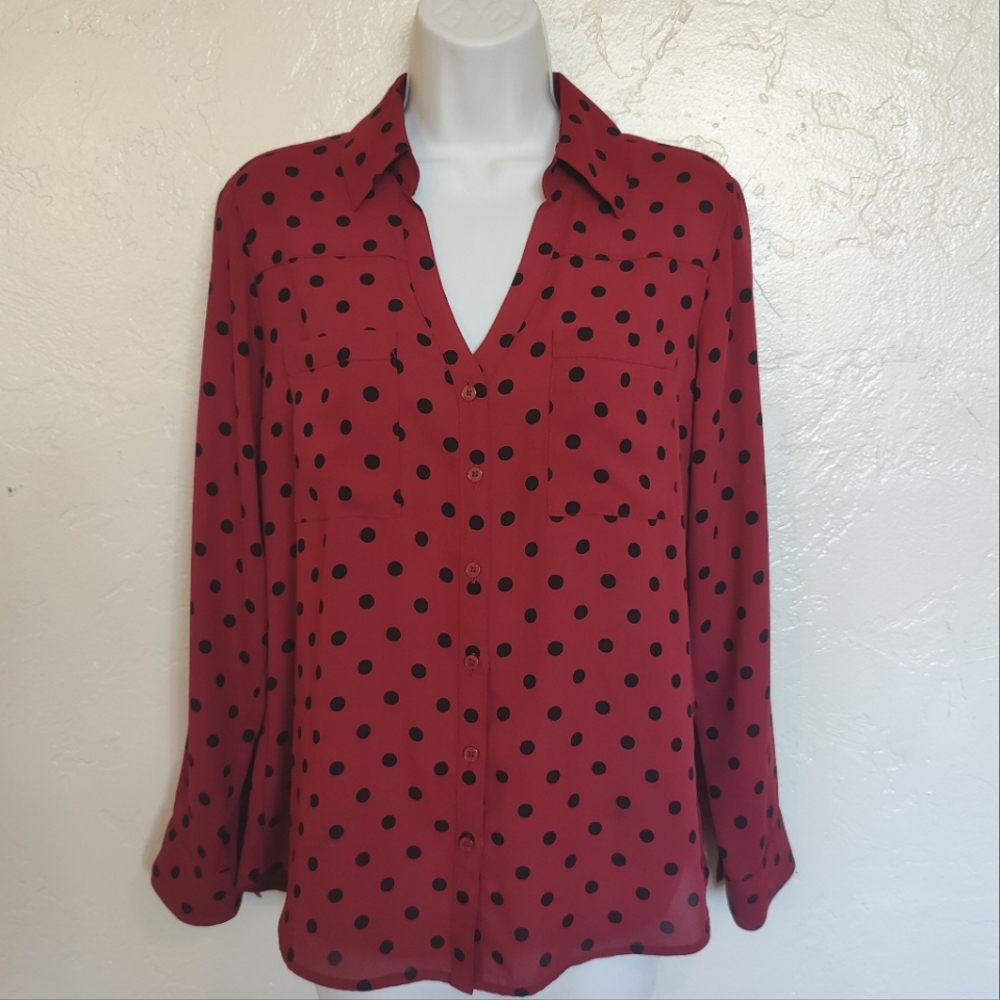 Express long sleeve, rayon, red blouse with black polka dots. Slim fit size MP